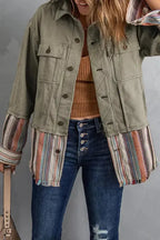Button Up Pockets Striped Color Block Corduroy Jacket - Fashionfitz