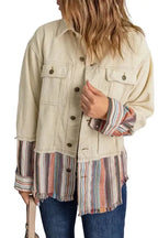 Button Up Pockets Striped Color Block Corduroy Jacket - Fashionfitz