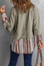 Button Up Pockets Striped Color Block Corduroy Jacket - Fashionfitz