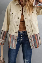 Button Up Pockets Striped Color Block Corduroy Jacket - Fashionfitz