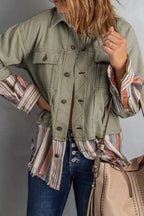 Button Up Pockets Striped Color Block Corduroy Jacket - Fashionfitz