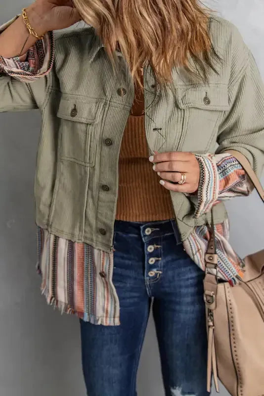 Button Up Pockets Striped Color Block Corduroy Jacket - Fashionfitz