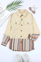 Button Up Pockets Striped Color Block Corduroy Jacket - Fashionfitz