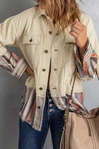 Button Up Pockets Striped Color Block Corduroy Jacket - Fashionfitz