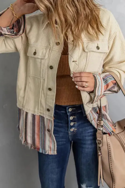 Button Up Pockets Striped Color Block Corduroy Jacket - Fashionfitz