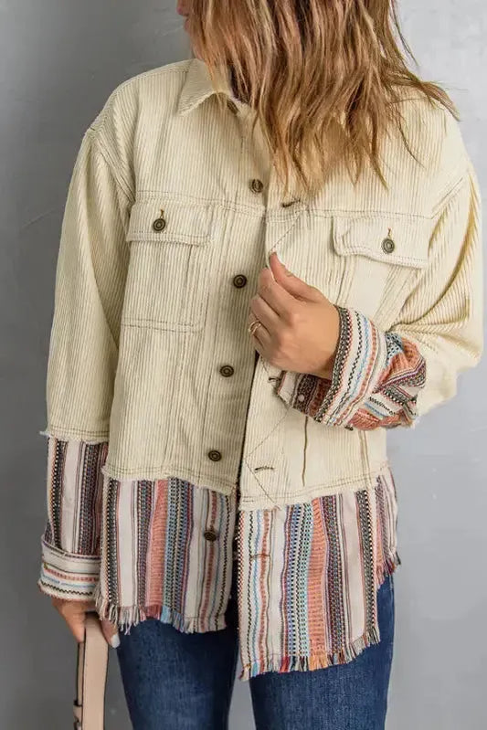 Button Up Pockets Striped Color Block Corduroy Jacket - Fashionfitz