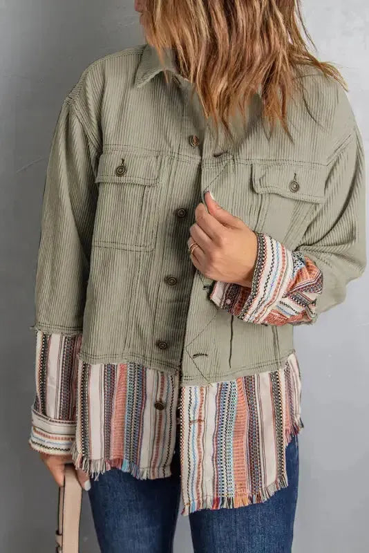Button Up Pockets Striped Color Block Corduroy Jacket - Fashionfitz
