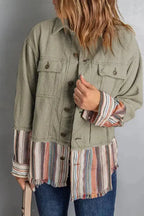 Button Up Pockets Striped Color Block Corduroy Jacket - Fashionfitz