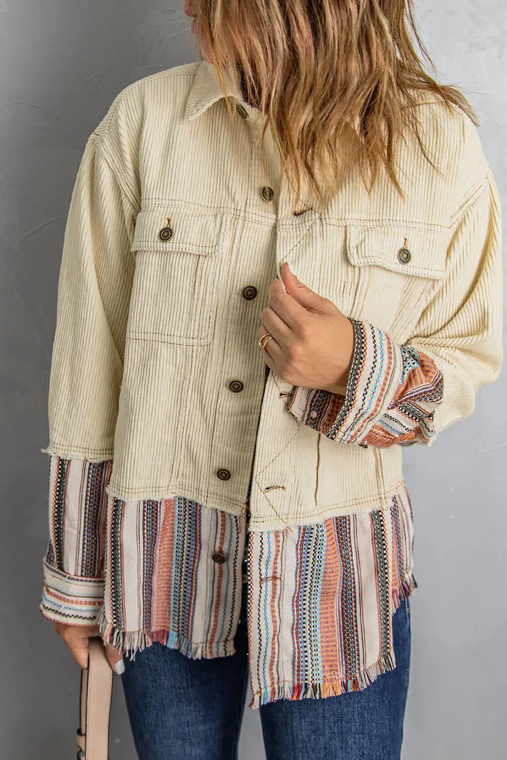 Button up pockets striped color block corduroy jacket - beige / s / 100% polyester - jackets
