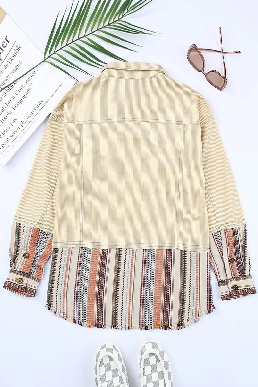 Button up pockets striped color block corduroy jacket - jackets
