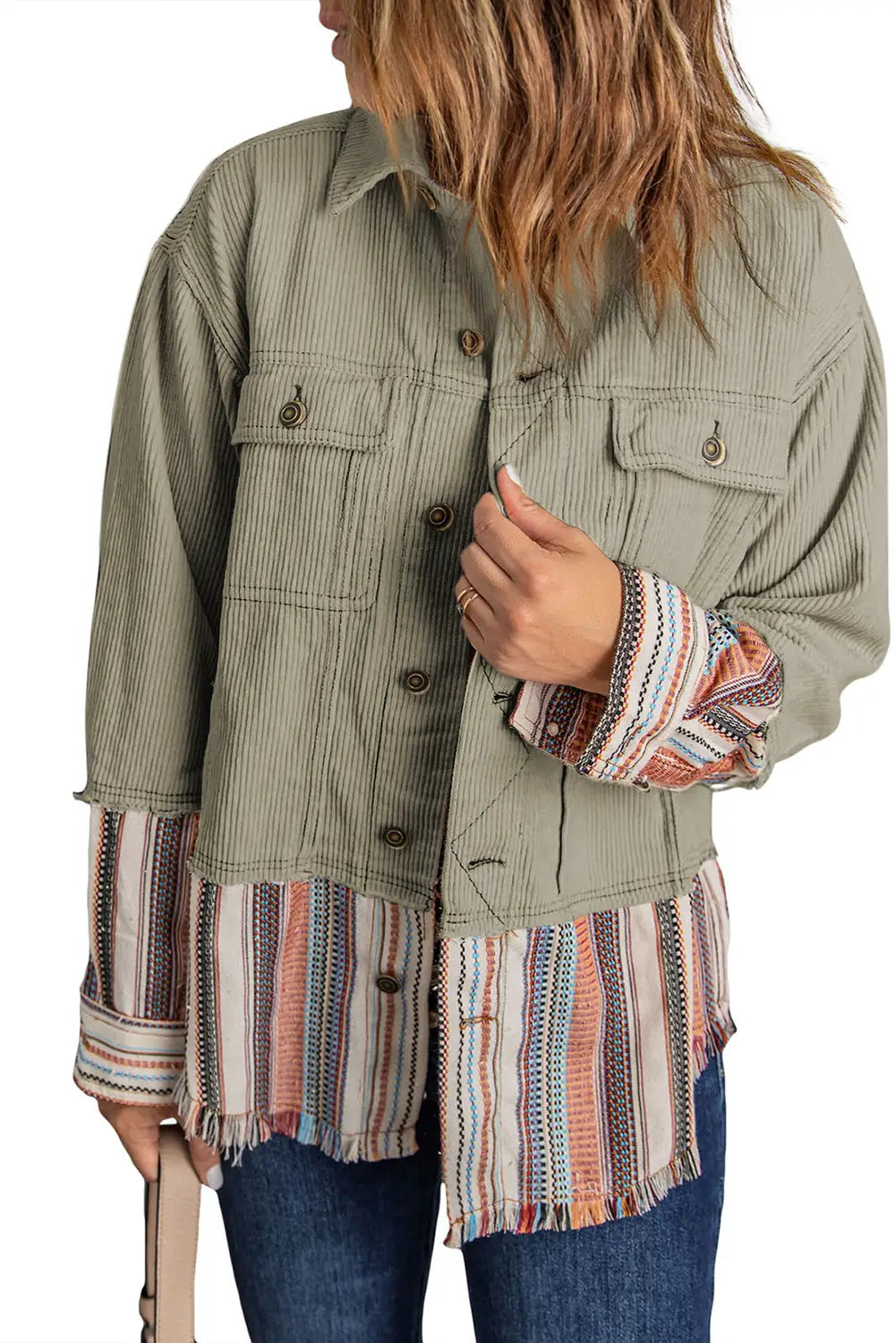 Button up pockets striped color block corduroy jacket - jackets