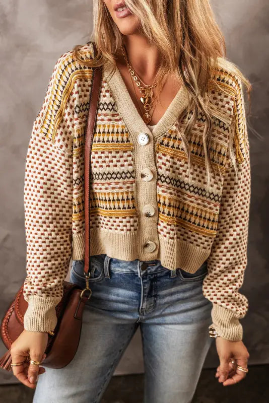 Buttoned cropped cardigan - sleeve length patterned knit in beige, brown & yellow geometric designs