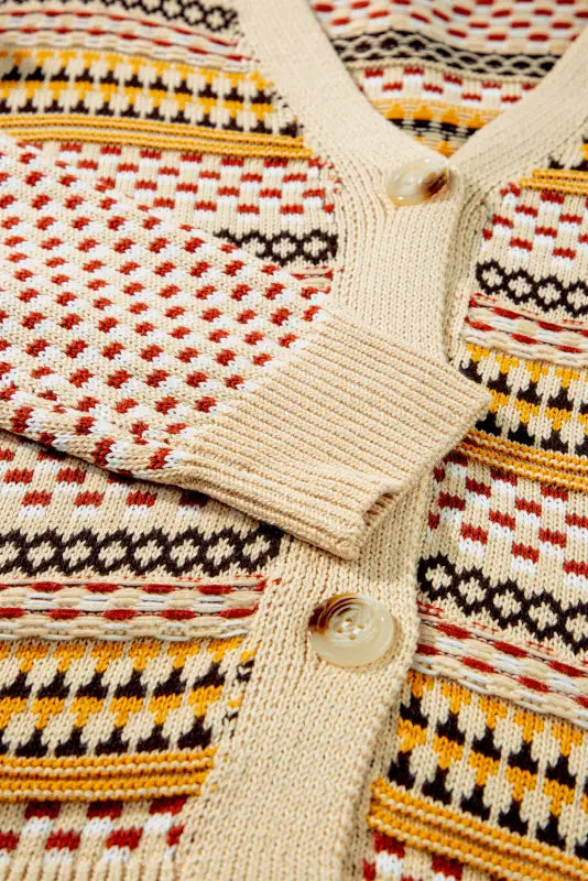 Buttoned cropped cardigan with colorful fair isle patterns and cream-colored trim, relax relax