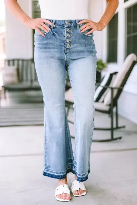 Buttoned Distressed Flared Jeans - Fashionfitz