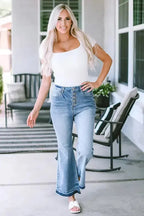 Buttoned Distressed Flared Jeans - Fashionfitz