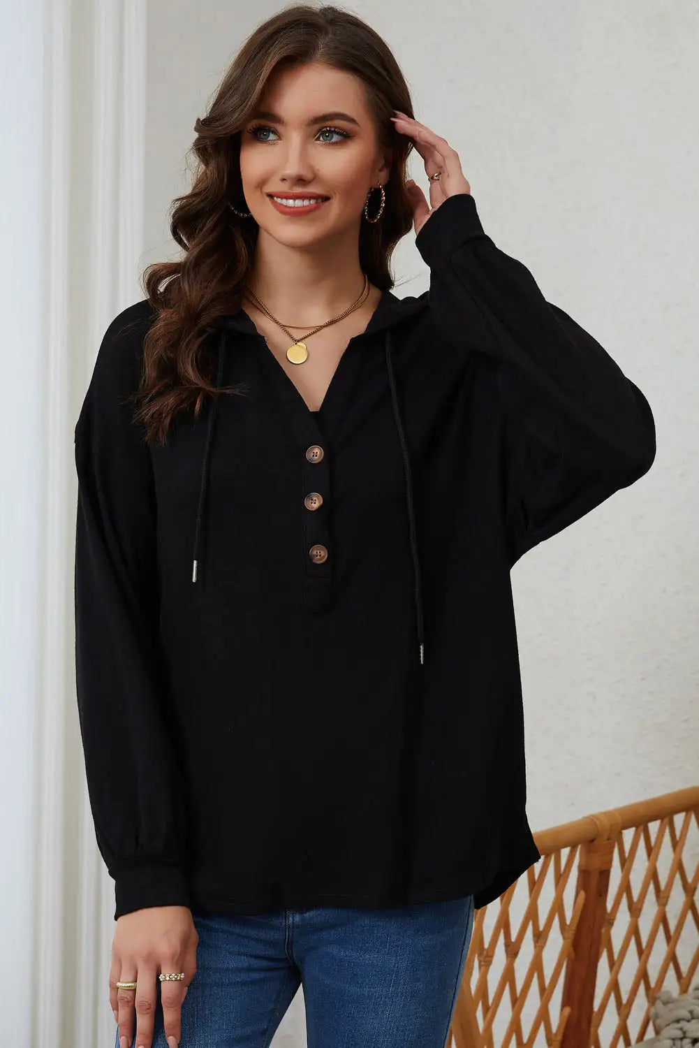 Buttoned high and low hem hoodie - black-2 / s / 95% polyester + 5% spandex - sweatshirts & hoodies