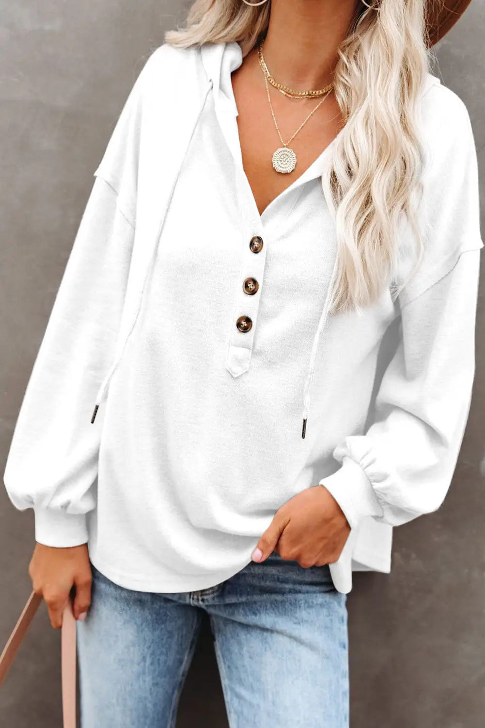 Buttoned high and low hem hoodie - white / s / 95% polyester + 5% spandex - sweatshirts & hoodies