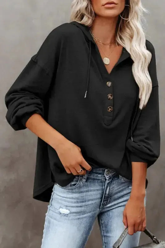 Buttoned High and Low Hem Hoodie - Fashionfitz