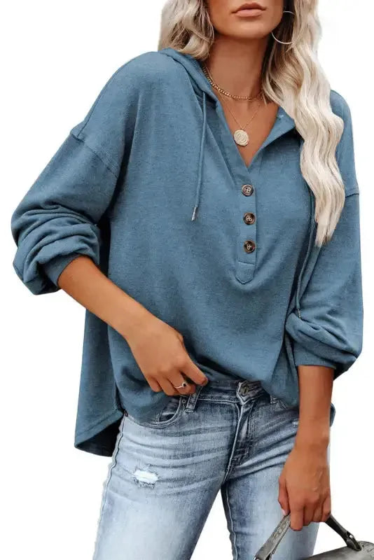 Buttoned High and Low Hem Hoodie - Fashionfitz