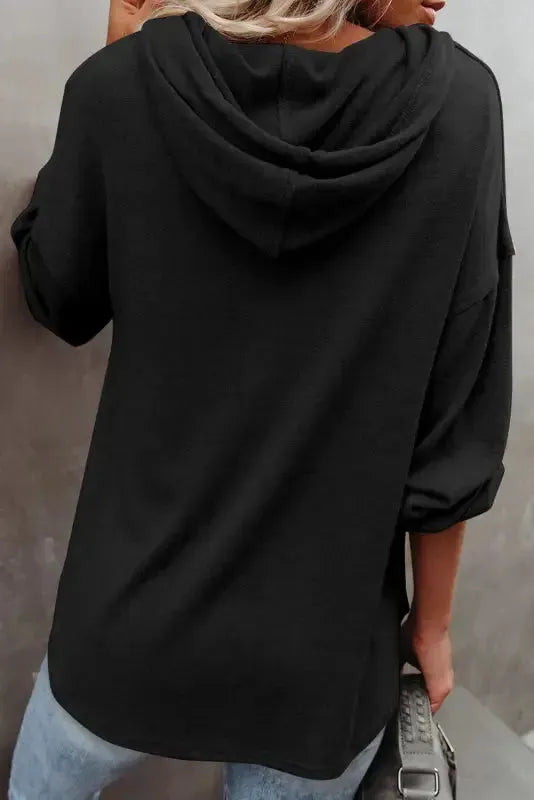 Buttoned High and Low Hem Hoodie - Fashionfitz