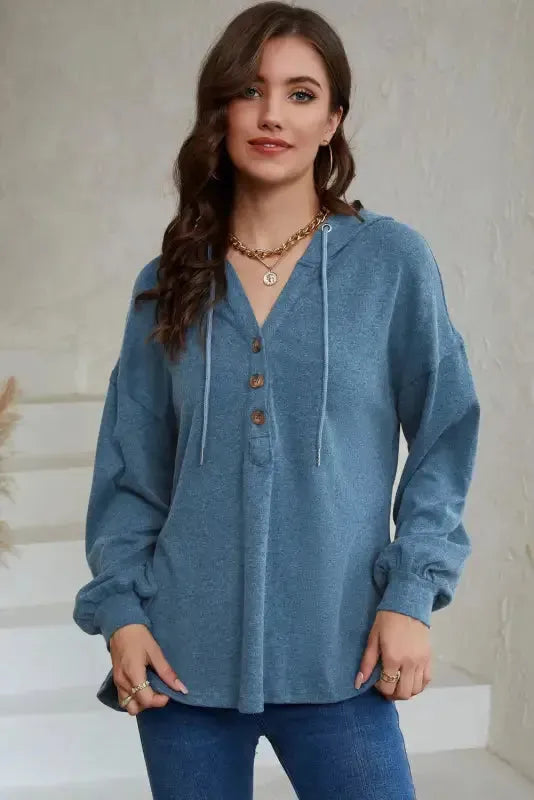Buttoned High and Low Hem Hoodie - Fashionfitz
