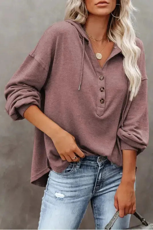 Buttoned High and Low Hem Hoodie - Fashionfitz