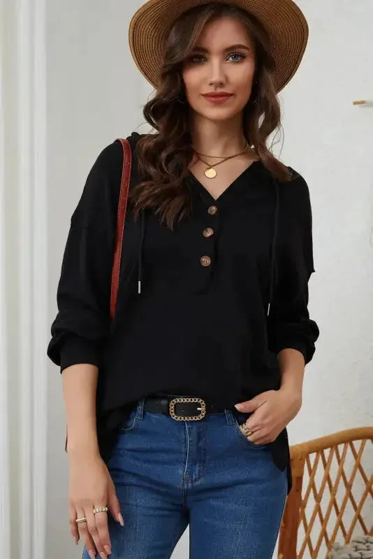 Buttoned High and Low Hem Hoodie - Fashionfitz