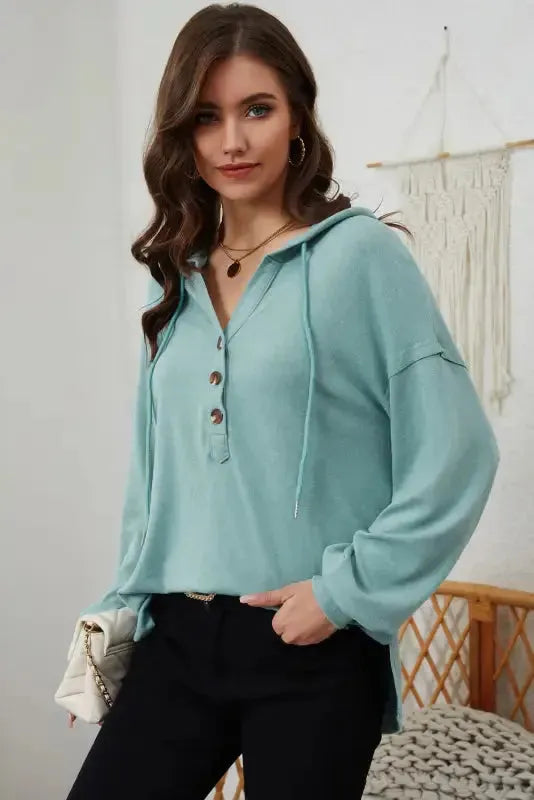 Buttoned High and Low Hem Hoodie - Fashionfitz