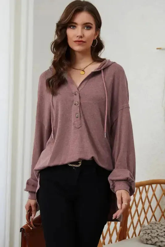 Buttoned High and Low Hem Hoodie - Fashionfitz