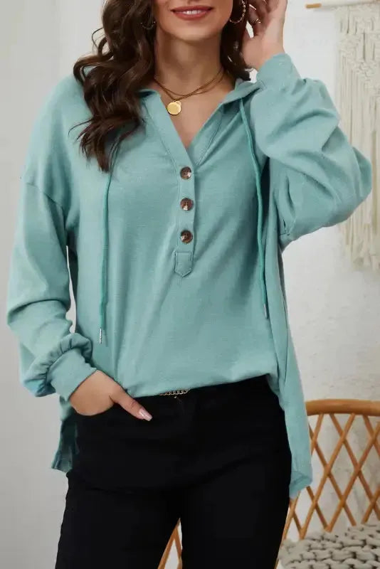 Buttoned High and Low Hem Hoodie - Fashionfitz