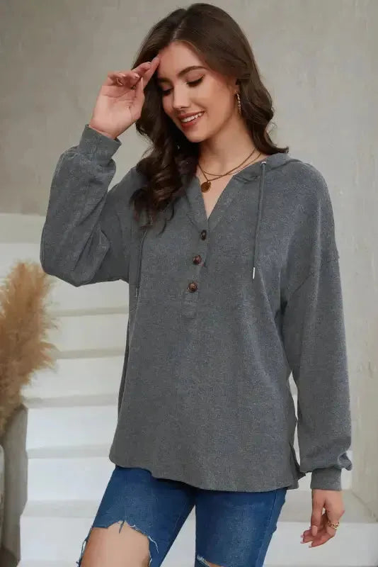 Buttoned High and Low Hem Hoodie - Fashionfitz