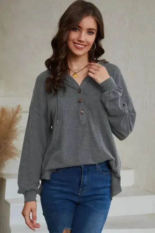 Buttoned High and Low Hem Hoodie - Fashionfitz