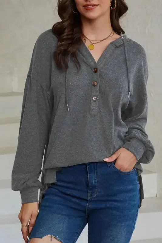 Buttoned High and Low Hem Hoodie - Fashionfitz