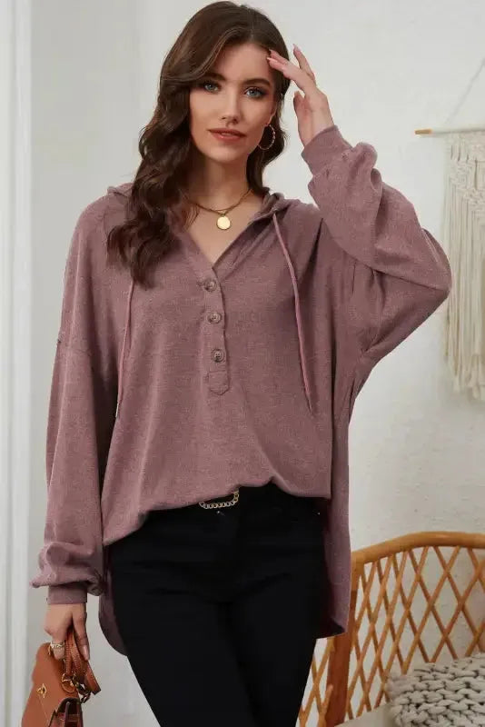 Buttoned High and Low Hem Hoodie - Fashionfitz