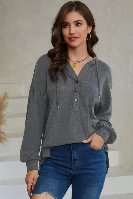Buttoned High and Low Hem Hoodie - Fashionfitz