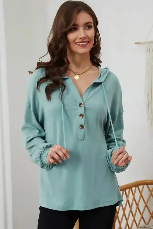 Buttoned High and Low Hem Hoodie - Fashionfitz