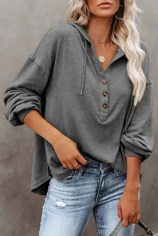 Buttoned High and Low Hem Hoodie - Fashionfitz