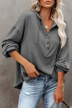 Buttoned High and Low Hem Hoodie - Fashionfitz