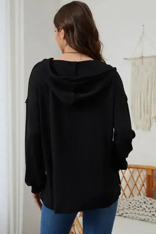 Buttoned High and Low Hem Hoodie - Fashionfitz