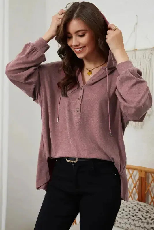 Buttoned High and Low Hem Hoodie - Fashionfitz