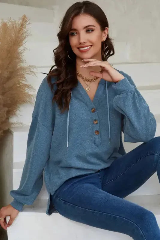 Buttoned High and Low Hem Hoodie - Fashionfitz