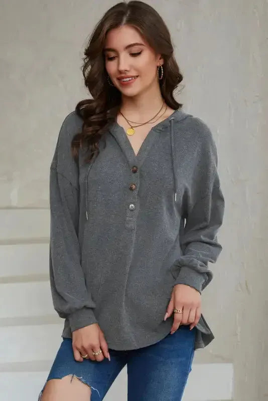 Buttoned High and Low Hem Hoodie - Fashionfitz