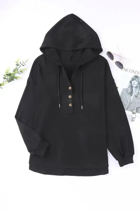 Buttoned High and Low Hem Hoodie - Fashionfitz