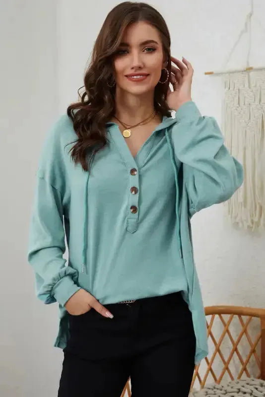 Buttoned High and Low Hem Hoodie - Fashionfitz