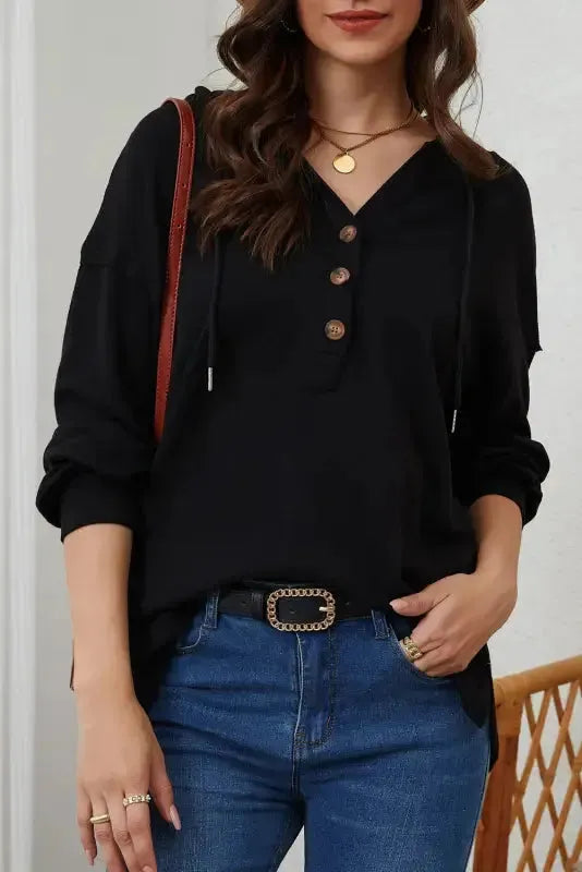 Buttoned High and Low Hem Hoodie - Fashionfitz