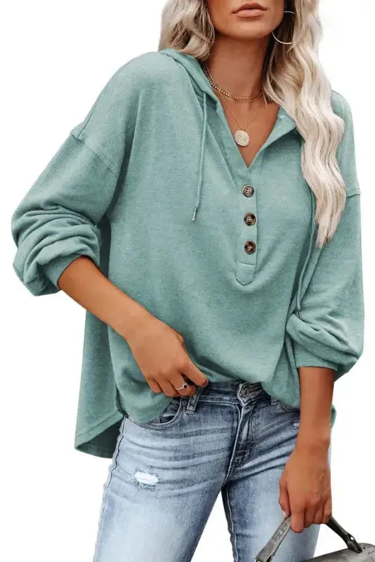 Buttoned High and Low Hem Hoodie - Fashionfitz