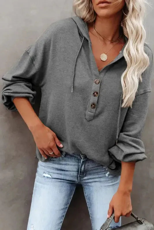 Buttoned High and Low Hem Hoodie - Fashionfitz