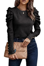 Buttoned Sheath Top - Puff Long Sleeve - Fashionfitz