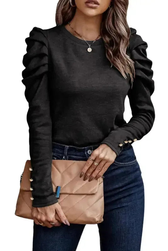 Buttoned Sheath Top - Puff Long Sleeve - Fashionfitz