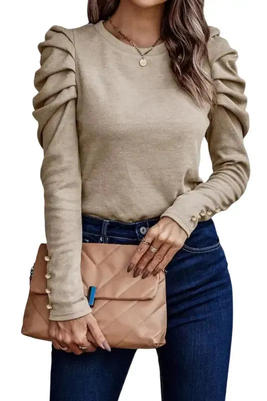 Buttoned Sheath Top - Puff Long Sleeve - Fashionfitz